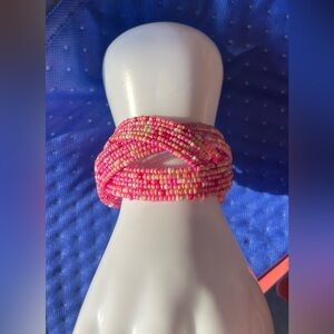 Braided Beaded Springy Cuff Bracelet Pinks & Oranges
